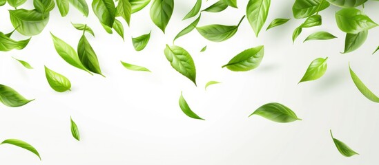 green tea leaves falling abstract background on white background