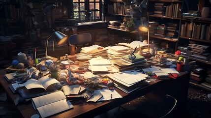 A student's desk cluttered with textbooks and notes, with a fountain pen lying amidst the chaos, ready for study sessions - obrazy, fototapety, plakaty