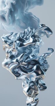 3D render of a silver abstract fluid shape with a blue cloud