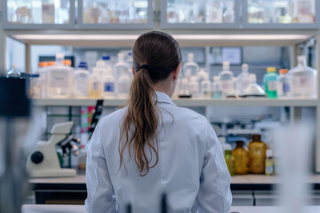 Professional woman in a lab coat is observing a high-tech research environment