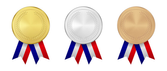 Gold, silver, bronze olympic medals with elegant ribbon in french flag colors, isolated on transparent background. Realistic vector illustration.