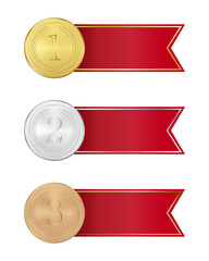 Winners banners for sports competition, gold, silver, bronze medal with red ribbons for text, vector illustration isolated on transparent background.