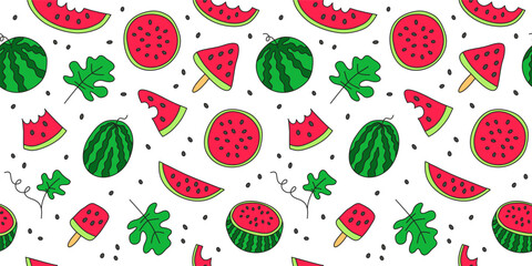 Seamless pattern with cute doodle colorful watermelon slices.
