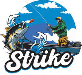 Vector Illustration of Fisherman Catching Tuna Fish and Waves with Vintage Illustration Available for Logo Badge