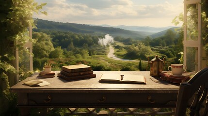 A writer's retreat with a serene view of the countryside, featuring a desk adorned with a fountain pen and journal