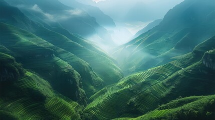 A deep mountain canyons, deep mountains with terraced fields, with green and dark green colors, natural light. Generative AI.