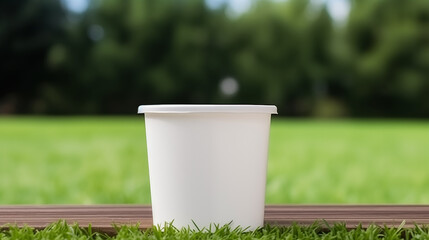 White empty cup mock up on grass on blur background