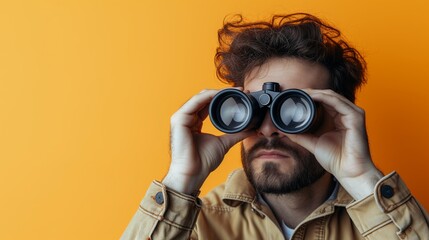 Man looking through binoculars on yellow background. Find and search concept. - obrazy, fototapety, plakaty