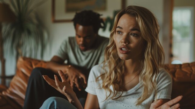Black man and impatient woman on treatment sofa. People on the couch are exhausted, stressed, and anxious about divorce.