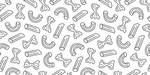 Black and white seamless pattern with doodle outline Italian pasta farfalle, macaroni and penne.