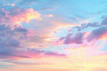 Pastel neon sunset A breathtaking sunset with soft pastel clouds streaked with vibrant neon hues - obrazy, fototapety, plakaty