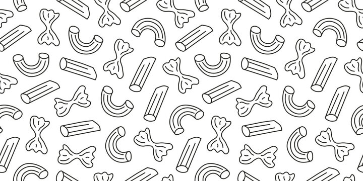 Black and white seamless pattern with doodle outline Italian pasta farfalle, macaroni and penne.