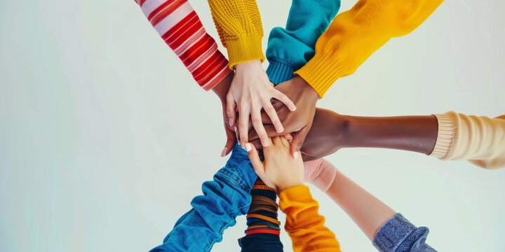 Businesspeople clutching wrists at an office. Businesspeople supporting each other with wrists. Huddled colleagues clutching wrists to stay linked
