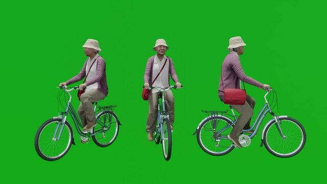 Old woman grandmother on green screen riding a bicycle in the city with 3 different angles 3 female cyclists 3D human rendering