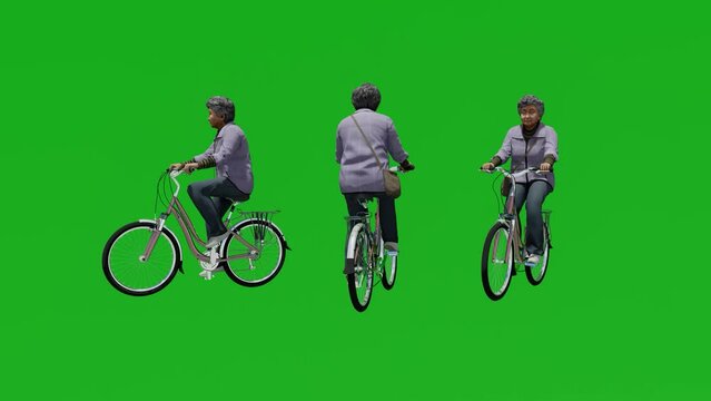 Old women cyclists green screen chroma k back ground cycling in the city and on the street in different angles 3 old women renders rendered humans
