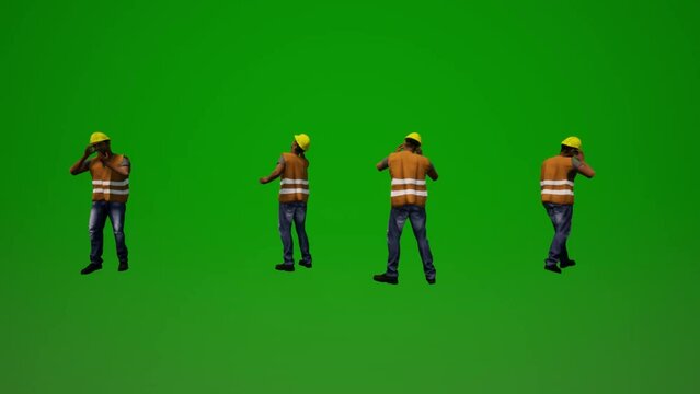 Workers on green screen chroma key background talking on mobile in orange work clothes and hat 3d rendering 3d people