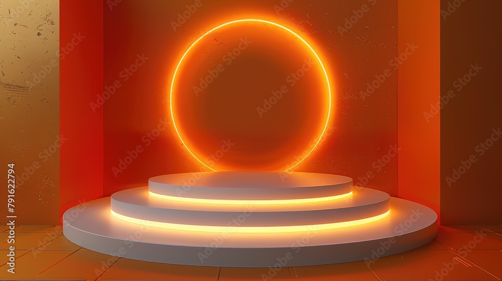 Poster 3d render podium background with white circle light ring on orange background, minimal showcase scen