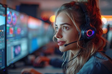 young woman using computer in headset at night. night view of office, office center, creative night and business people