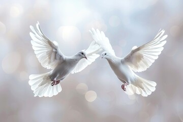 Two doves in flight Two white doves flying side-by-side symbolize peace, harmony, and everlasting love - obrazy, fototapety, plakaty