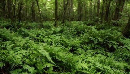 A dense thicket of ferns covering the forest floor upscaled 4