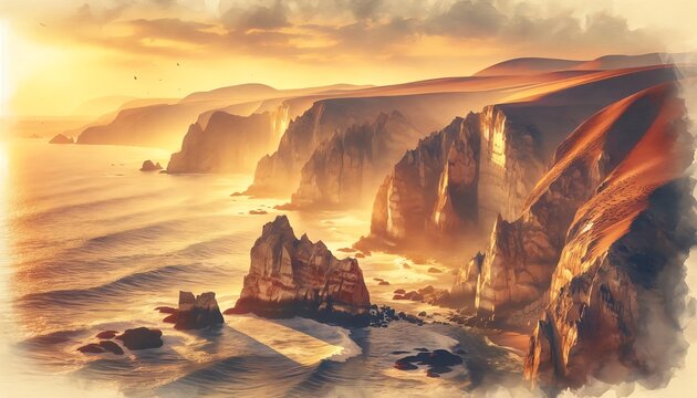 Watercolor Painting of Paracas Sea Cliffs, Peru