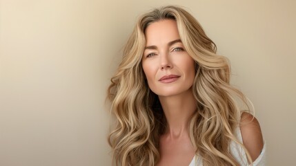 Fototapeta premium Beautiful gorgeous 50s mid aged mature woman in light clothes looking at camera isolated on white with healthy glowing skin and perfect skincare