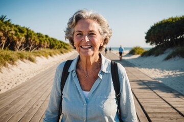 Fototapeta premium Happy Senior woman walking on boardwalk on the beach