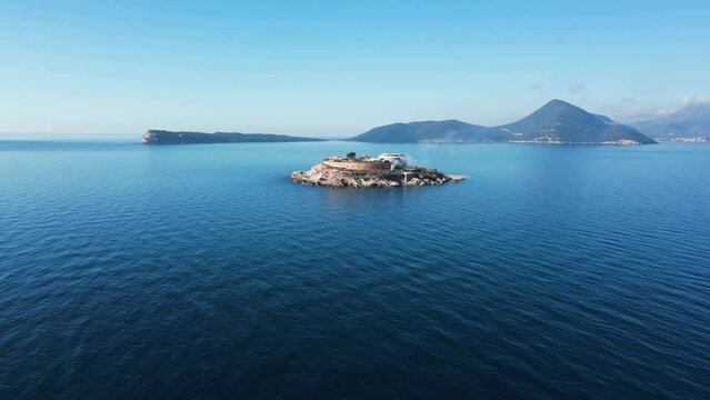 Panoramic video from a drone of the island of Mamula, Montenegro. Video on a sunny winter day.