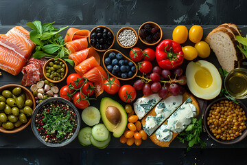 Delicious Food Assortment Above View,
Healthy gourmet meal with organic fruits and vegetables on rustic table