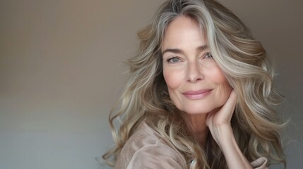 Fototapeta premium Beautiful gorgeous 50s mid aged mature woman in light clothes looking at camera isolated on white with healthy glowing skin and perfect skincare