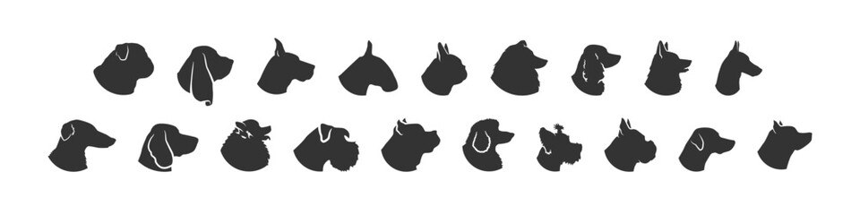 Dog head silhouette. Breeds pet set isolated black icon. Vector flat
