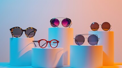 Eyeglasses and trendy sunglasses with various designs displayed on podiums against a white backdrop. Minimalism. Concept for selling sunglasses and eyewear. Banner for a promotion at an optical shop. 
