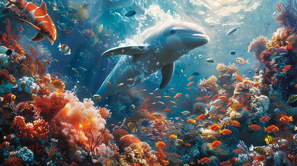 Dolphin Swimming in Vibrant Coral Reef - obrazy, fototapety, plakaty