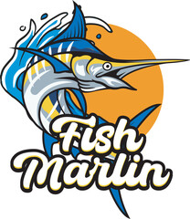 Vector Illustration of Marlin Fish and Waves with Vintage Illustration Available for Logo Badge