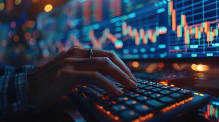 A closeup of hands typing on a keyboard with stock market charts and graphs in the background, working in an office. A businessman woman using a computer for financial online trading. Generative AI.