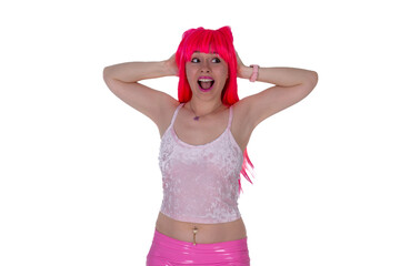 Woman dressed like a doll. beautiful sexy woman in camisole and pink skirt on white background. Red hair girl wears pink wig with fringe.  big smile on face, woman closes ears, does not want to hear