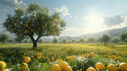 In a meadow with a lemon tree, clear weather. Generative AI.