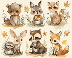 Playful and vibrant chibi woodland animal illustrations in watercolor pastels