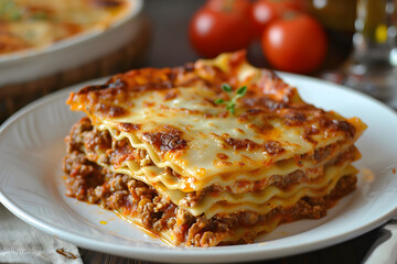 A fresh homemade piece of delicious lasagna, served on a white plate - obrazy, fototapety, plakaty