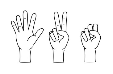 Rock, scissors, paper hand gesture. Vector collection line icons, set of simple game 