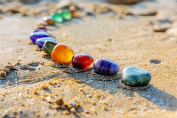 seven color chakra crystal stones on sandy beach, chakra energy flow healer meditation and peacefulness concept