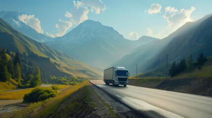 A large truck carries cargo along a highway through beautiful mountains - obrazy, fototapety, plakaty