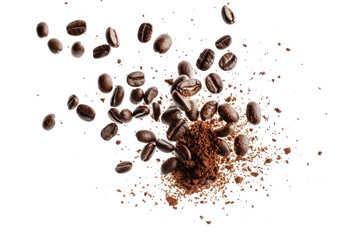 coffee bean flying in the air explosion splash isolated on transparent background