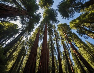 Showcase a majestic redwood forest with towering trees reaching for the sky.
