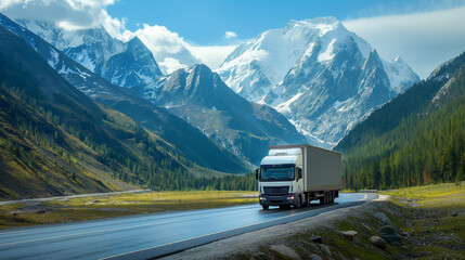 A large truck carries cargo along a highway through beautiful mountains