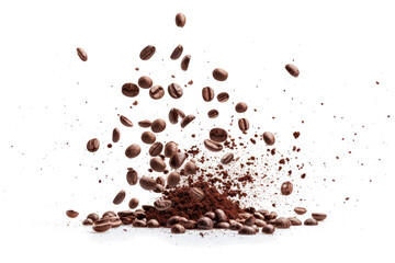 coffee bean explosion splash flying in the air isolated on transparent background