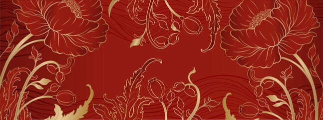 Elegant prestigious background template with peony flowers. The design luxury peony is made for oriental chinese motif with gold and red colors.