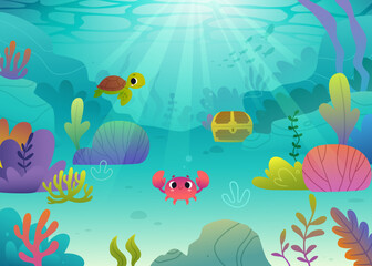 Cartoon seabed with cute sea animals. Vector underwater seascape with plants and baby animals.