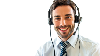 Portrait of call center young smiling male call center operator doing his job with a headset isolated on transparent background.