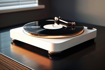 Stylish modern turntable with vinyl record on wooden  table